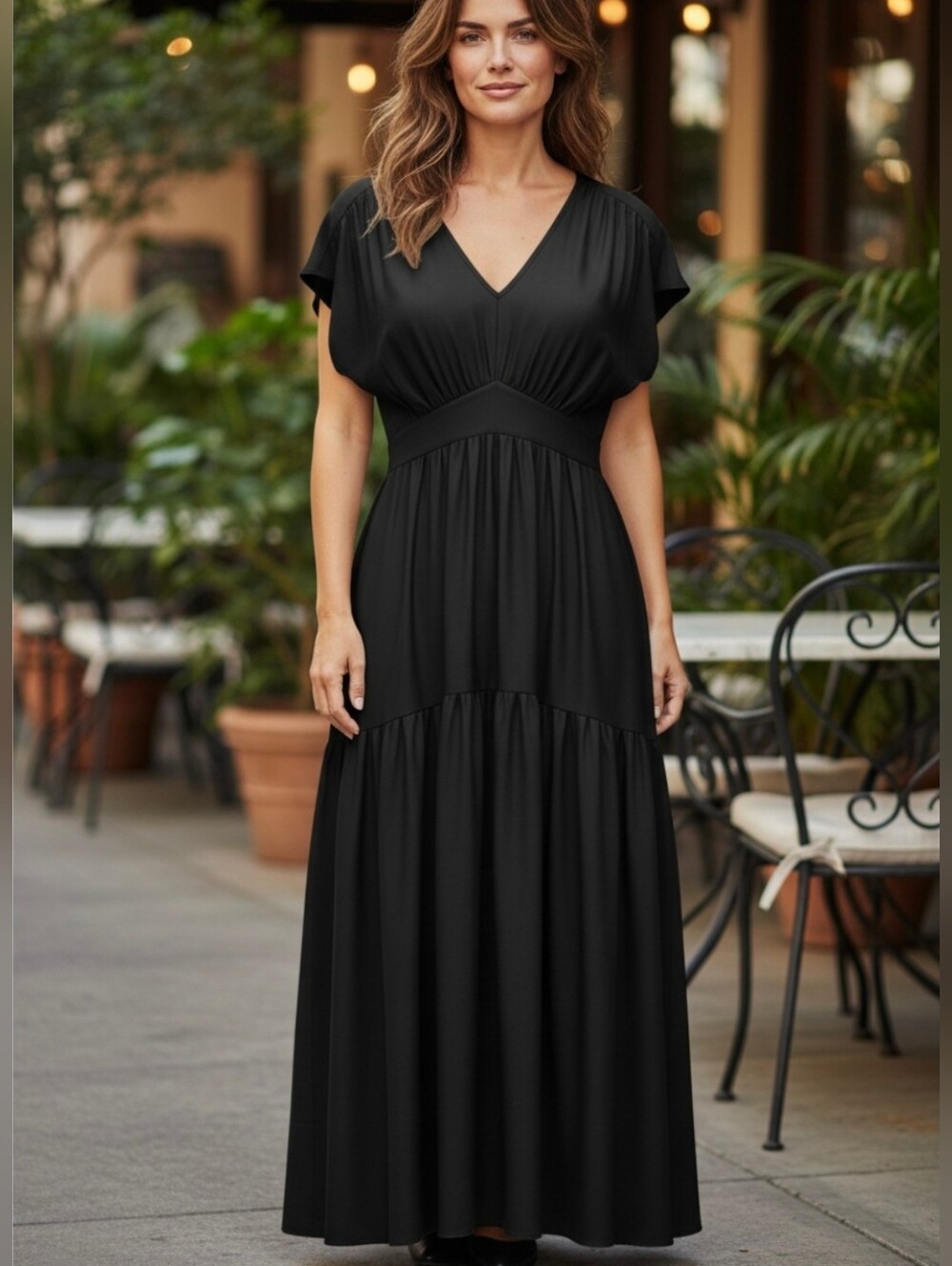 NWT Rielle Maxi Dress Womens Large Black Deep V Tiered Boho Romantic Lightweight